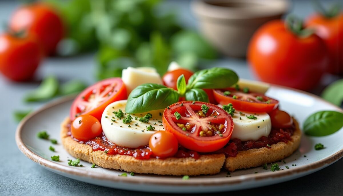 Délice croquant : salade de noix accompagnée d&rsquo;une tartine gourmande tomate & mozzarella