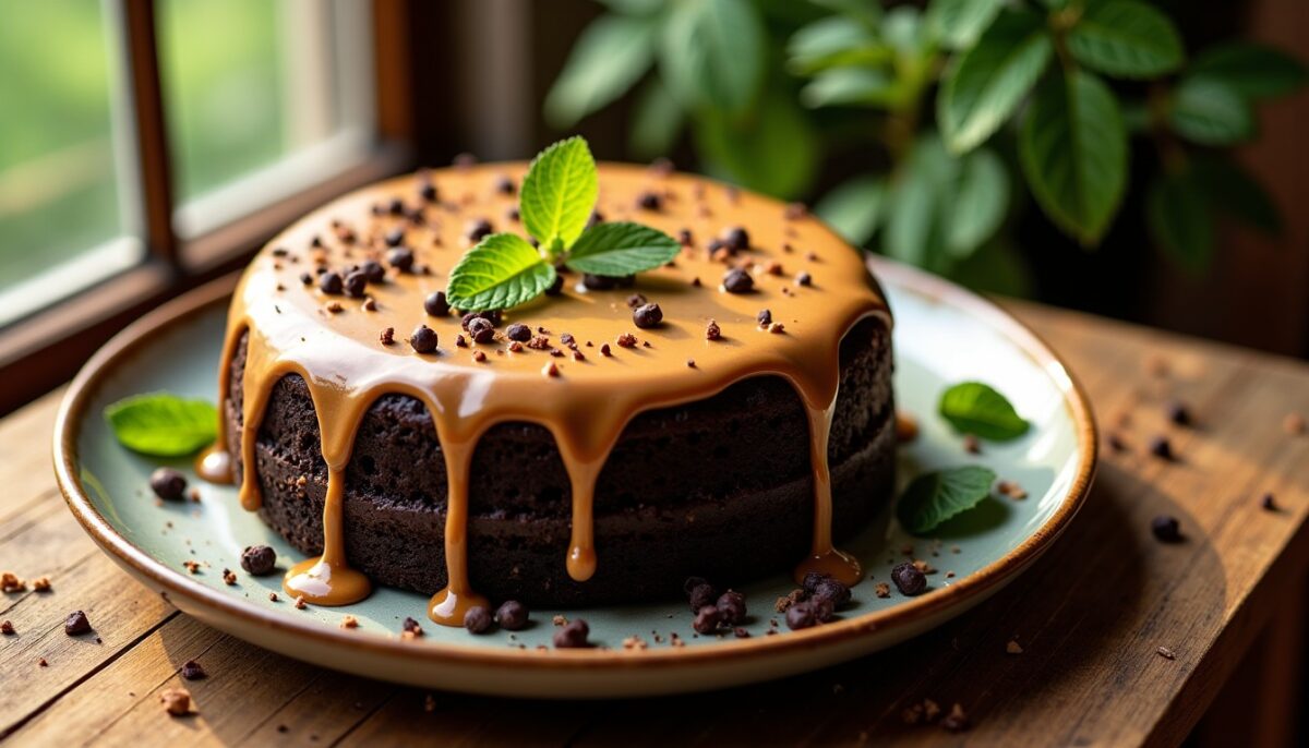 Délice moelleux chocolat-menthe nappé de beurre de cacahuète