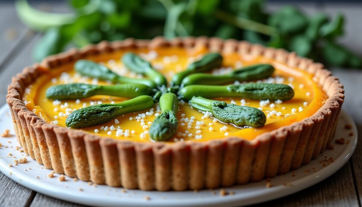 Délicieuse tarte aux épinards et sésame sur lit de semoule